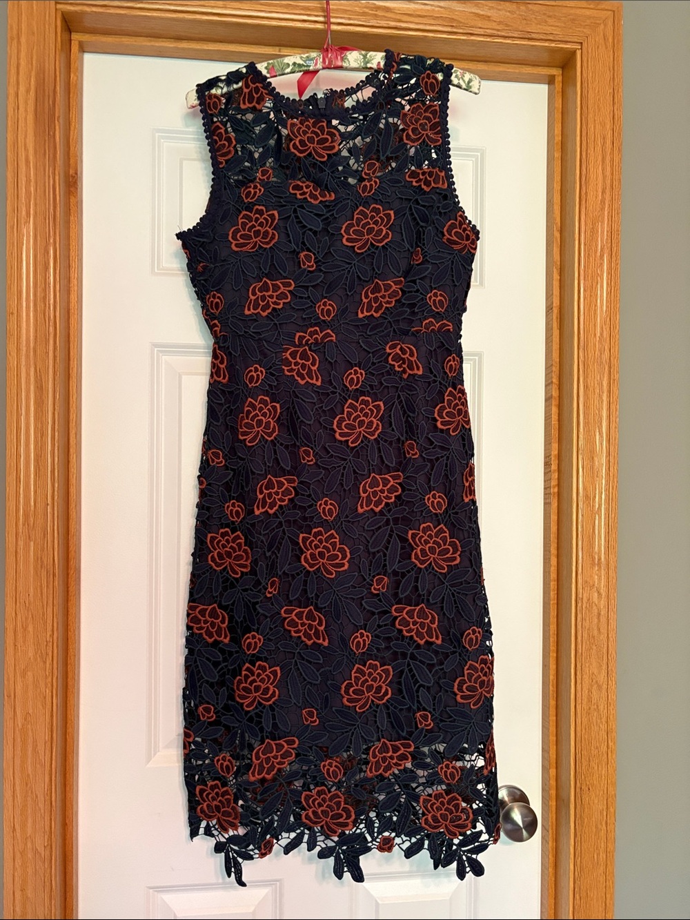 cupcakes & cashmere Navy Lace Sheath Dress with Rust Floral Appliqué
